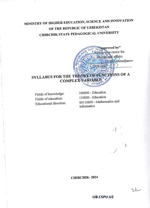 Syllabus for the theory of functions of a complex variable lib cspu