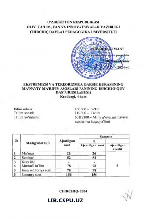 EKSTREMIZM VA TERRORIZMGA QARSHI KURASHNING MA’NAVIY-MA’RIFIY ASOSLARI FANINING ISHCHI O‘QUV DASTURI(SILABUSI) Kunduzgi, 4-kurs