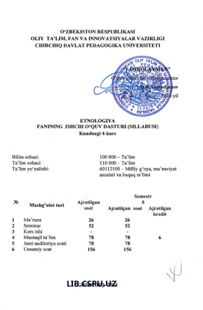 ETNOLOGIYA FANINING ISHCHI O‘QUV DASTURI (SILLABUSI) Kunduzgi 4-kurs